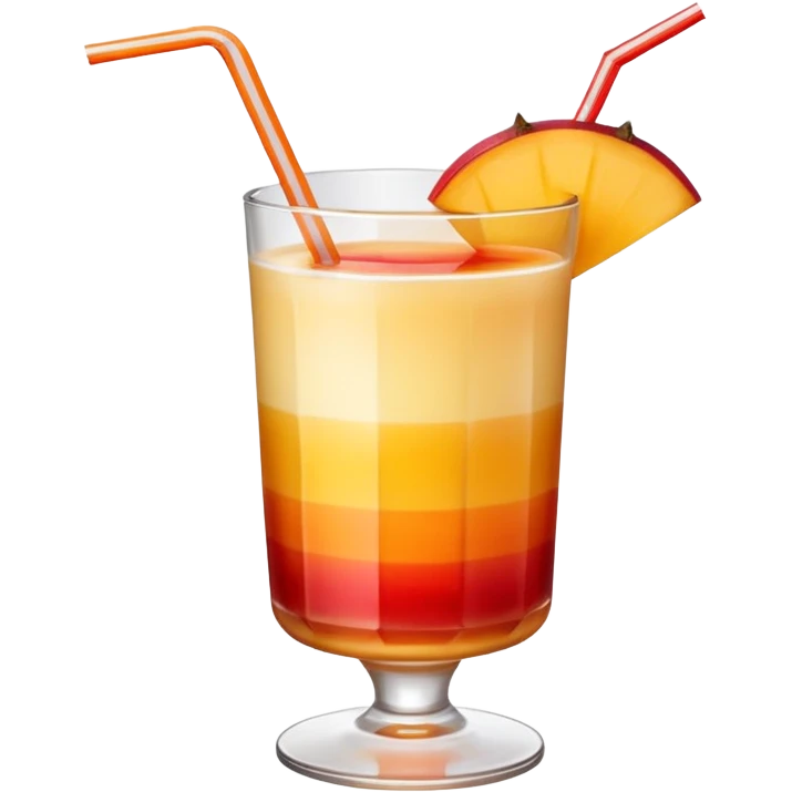 A beautiful cocktail with a gradient from red to orange, topped with mango pudding and lined with a striped straw. emoji