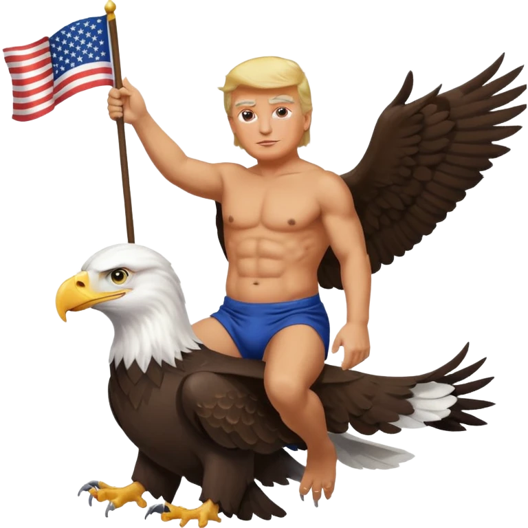 Donald trump riding bald eagle shirtless while waving American flag emoji