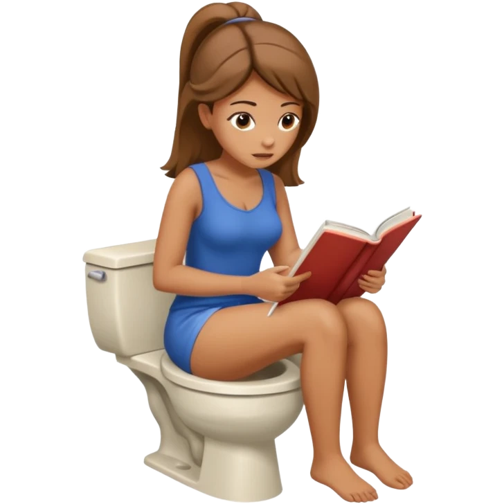 A woman is sitting on the toilet, she sits with her bare ass on the toilet and she it reading a book. She is struggling because she tries to poop. View from the top emoji