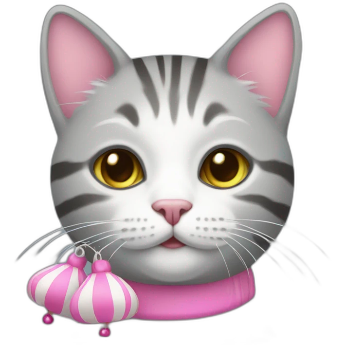 Striped gray and white cat with pink bells emoji