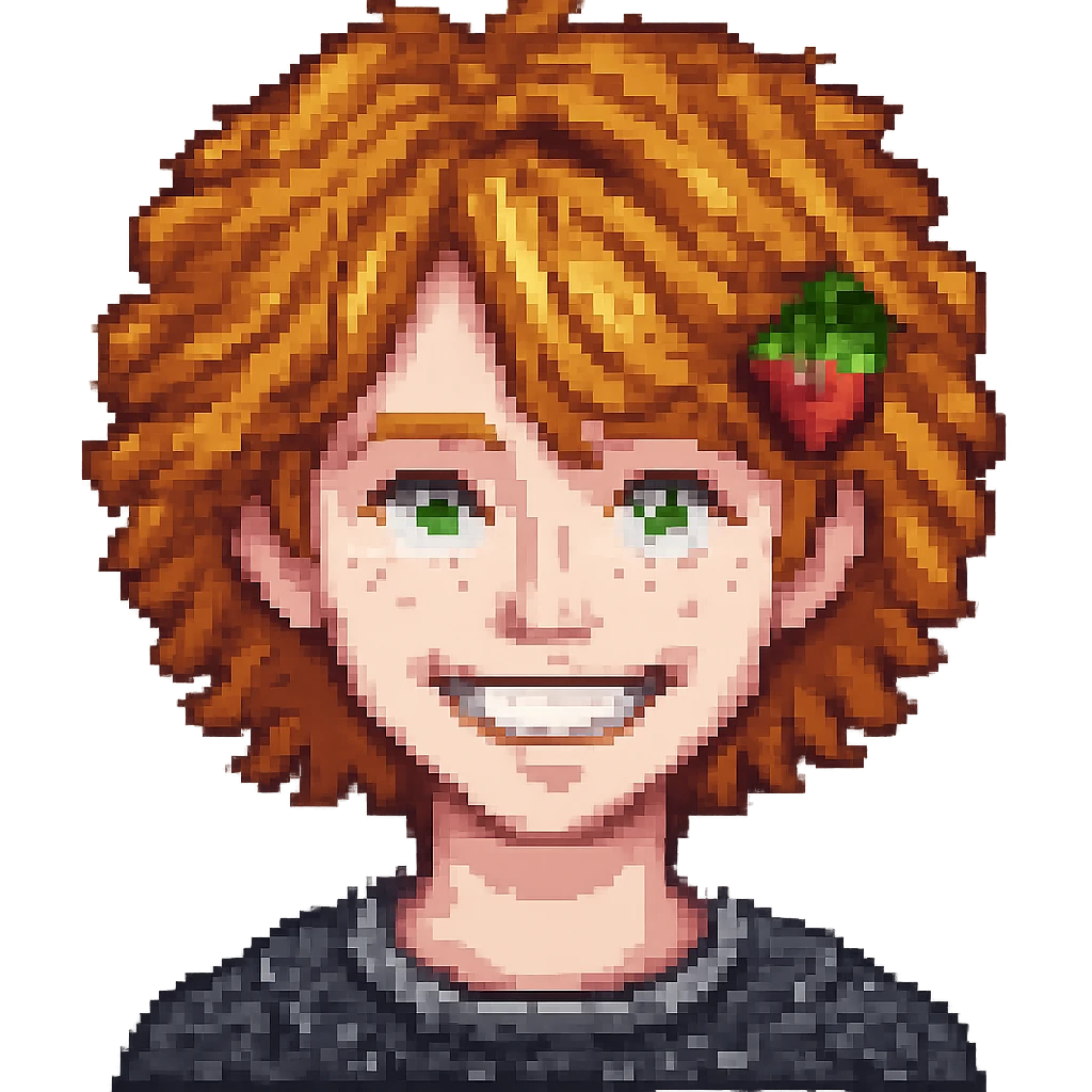 Make the strawberry blond boy with ginger freckles smile wider. The original style is pixel art style with transparent background, please keep the pixel art style and transparent background consistent. emoji