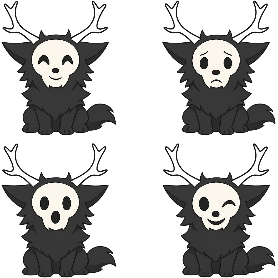 Create a series of emoji featuring this wendigo character in different expressive poses: happy, sad, surprised, and mischievous. Keep the style consistent with the original image, including the antlers, and ensure no background is present. emoji