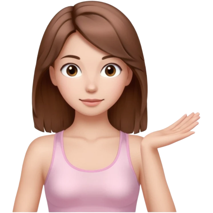 brown hair girl wearing light pink pilates clothes, silk beautiful medium hair and brown eyes emoji