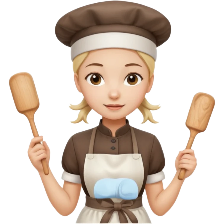 Young female pastry chef - single ponytail, apron, wearing a white hat, holding a rolling pin emoji