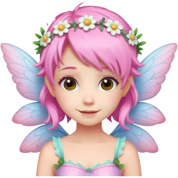 A tiny pastel fairy with pink hair with glowing wings and a sweet smile and tiny flower crown
 emoji