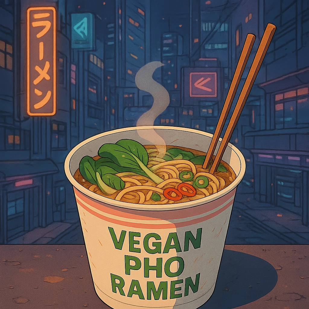 cyberpunk futuristic, scifi, a bowl of delicious VEGAN pho, ramen, 1990s, paper cup emoji