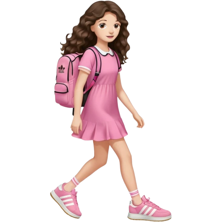 aestethic brunette very,very,very long wavy hair walking with a school backpack, with a cute pink dress, adidas samba shoes emoji
