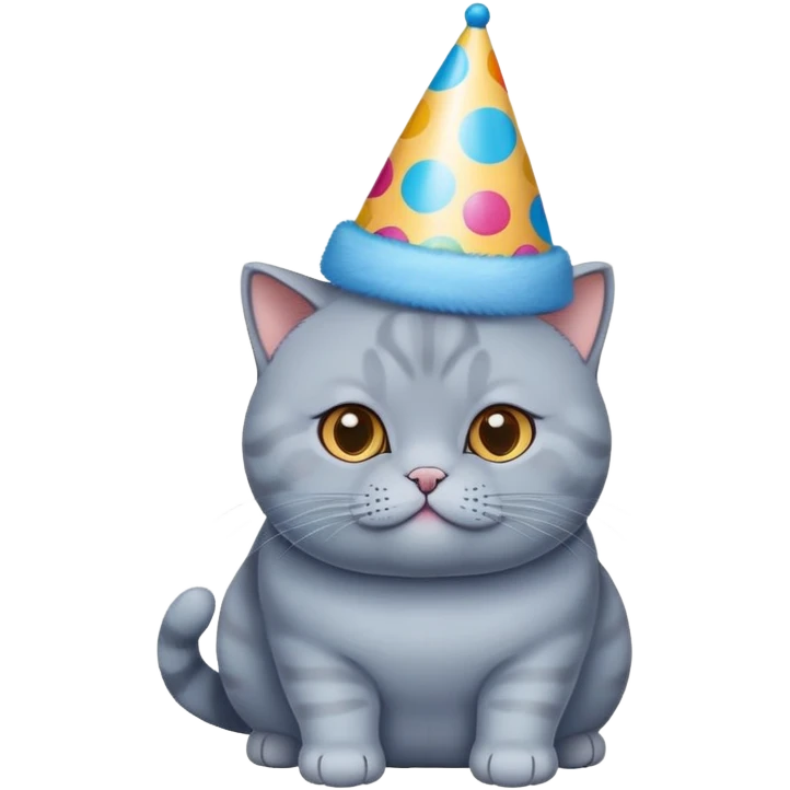 British shorthair blue cat with round face and chubby cheeks wearing a colorful birthday hat emoji