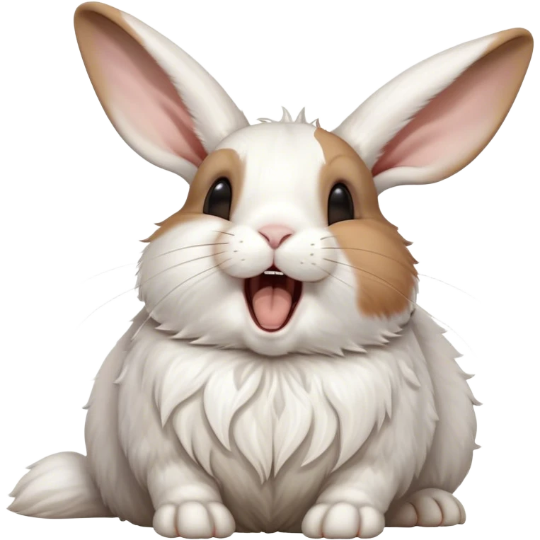 Cinematic Cute Yawning White and Brown Rabbit Portrait Emoji, Head tilted slightly with a dramatic, wide-open yawn, showcasing a soft, patterned fur with crisp white and warm brown patches, floppy ears slightly drooping, round eyes barely open in drowsy contentment, Simplified yet irresistibly adorable features, highly detailed, glowing with a soft, cozy glow, high shine, relaxed yet expressive, stylized with a touch of whimsy, bright and endearing, soft glowing outline, capturing the essence of a sleepy yet affectionate bunny, so drowsy it feels like it could stretch out of the screen and curl up for a nap! emoji