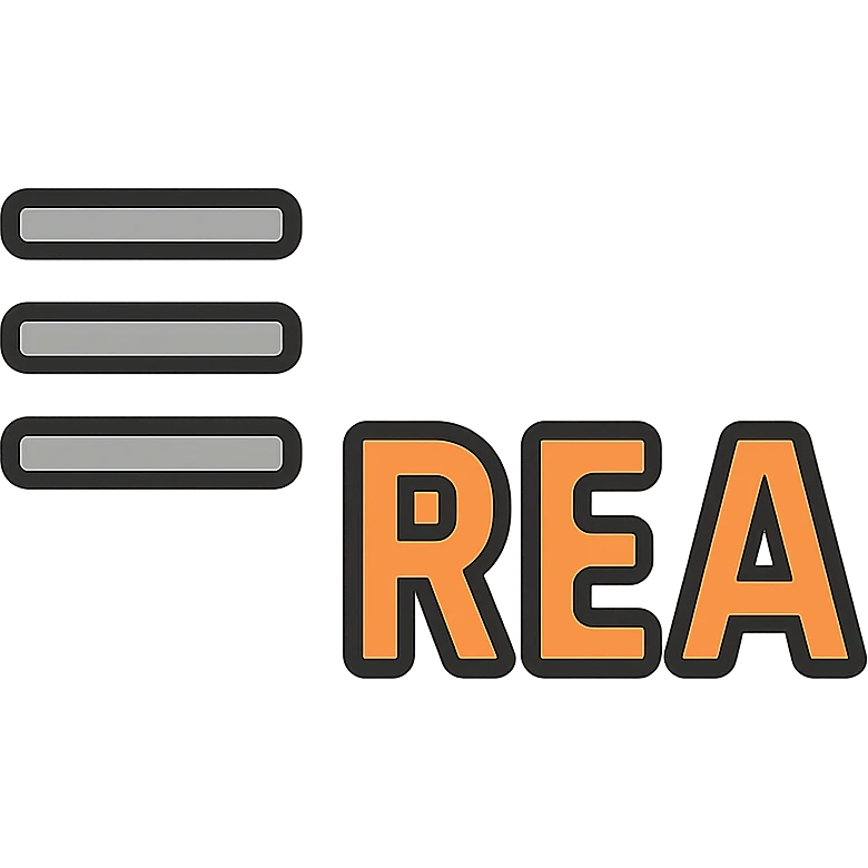 symbol of three grey horizontal lines, then the text 'REA' in orange capital letters, styled as an icon, clean and modern style emoji