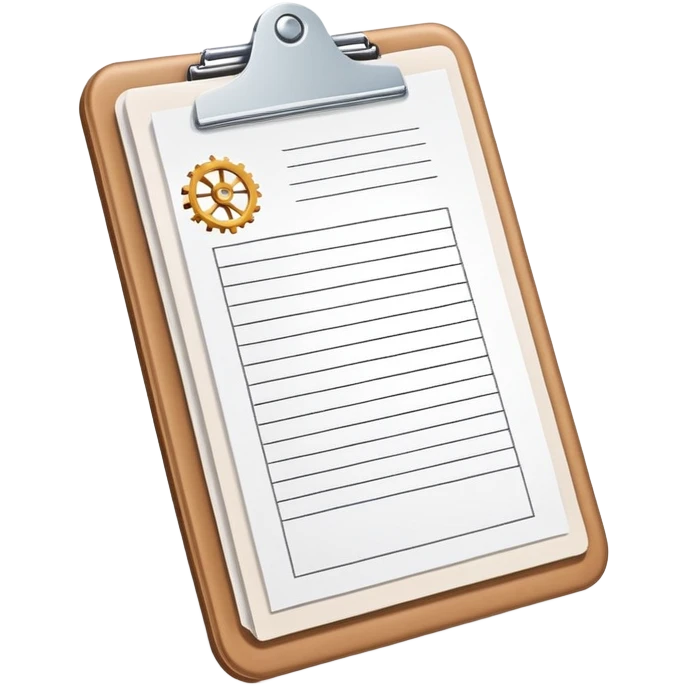 clipboard holding a simplified service order paper with faint lines, with a small gear symbol, clean vector art, bright colors, isolated emoji