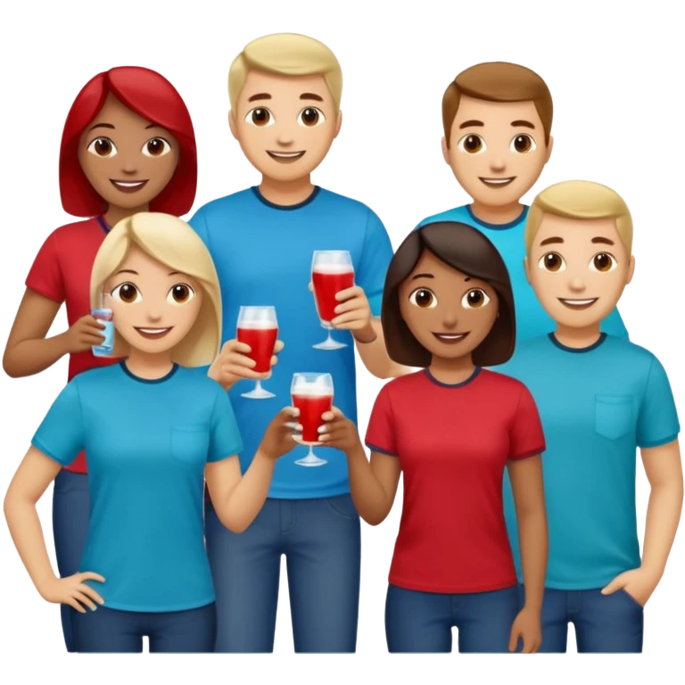 Two dozen adults in casual clothing with red, aqua and blue shirts with different drinks chatting at an afterwork meeting emoji