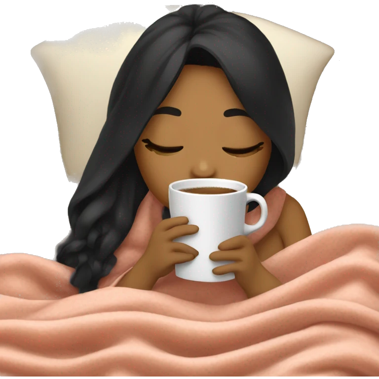 Girl inside blanket sipping coffee eyes closed black hair emoji