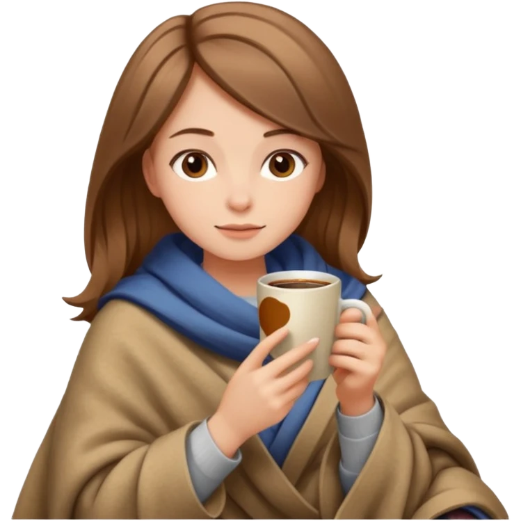 Beige Brown hair Girl drinking coffee, reading book with a cozy blanket emoji