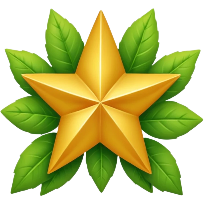 "A vibrant, golden five-pointed star emoji, with graceful green leaves subtly integrated into its points or wrapping around its base. The design should feel radiant and positive. Clean, vector-style, 32x32 pixel icon. Transparent background. Icon for achievement in health." emoji