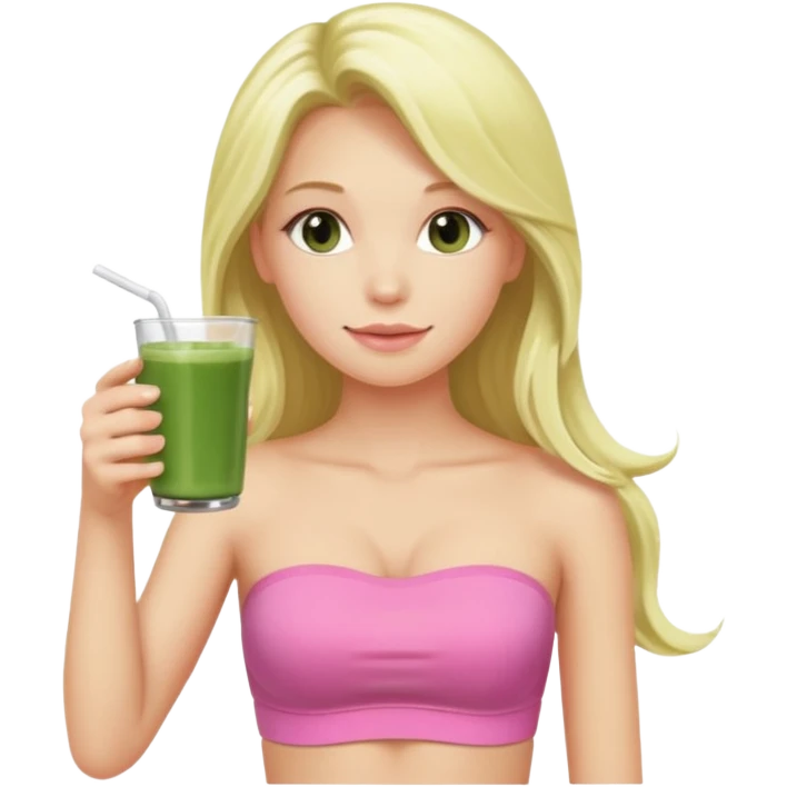 long haired blonde pilates instructor in pink drinking matcha in cute set with no straps standing emoji