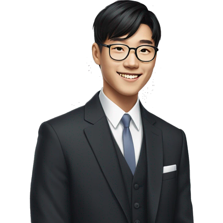 young kpop asian man black medium length bang hair smiling wearing a suit without a shirt with prescription glasses on emoji