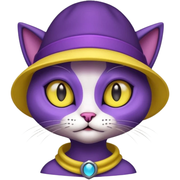 dark purple alien cat with no fur and yellow hat emoji