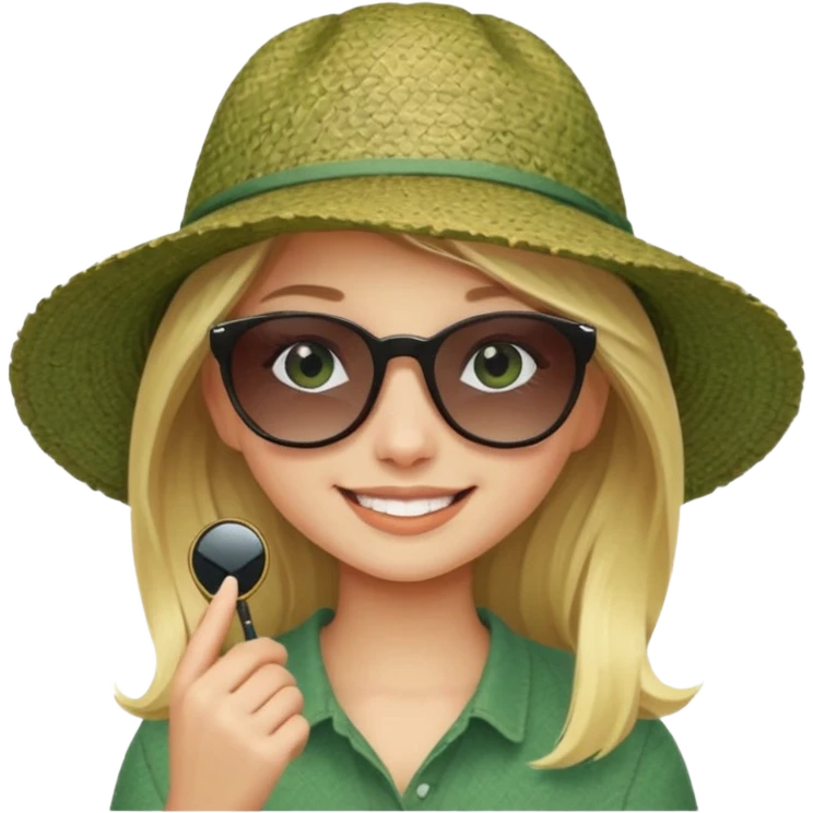 blonde girl in dark green straw hat adjusting sunglasses emoji