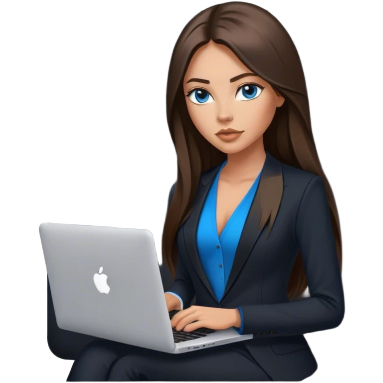 Model tanned beautiful girl with pump nude lips and brunette straight long hair, straight hair parting, blue eyes with MacBook and black, black suit vest, V-neck emoji