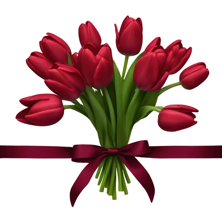 A lush bouquet of scarlet tulips wrapped in a velvet burgundy ribbon
 emoji