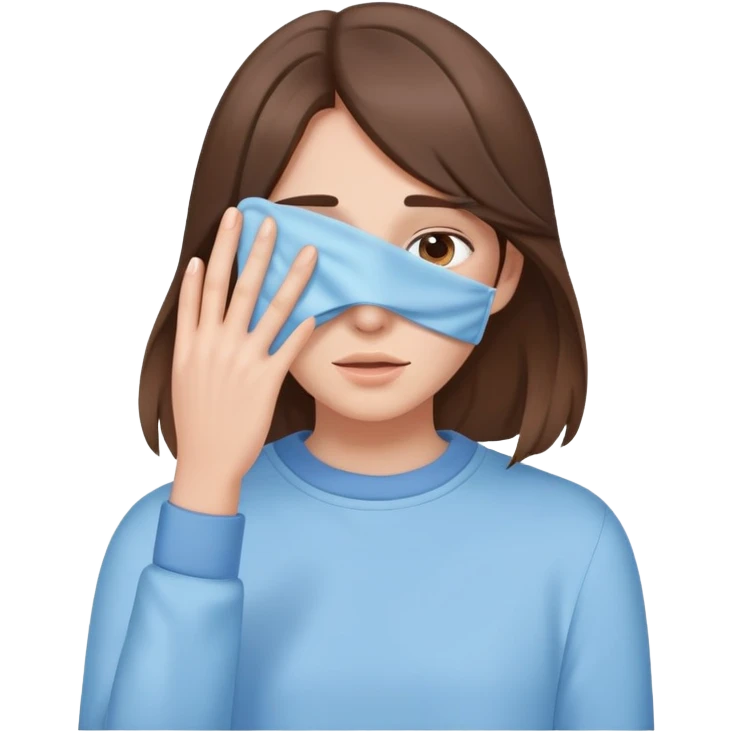 brunette girl with brown hair wearing pastel blue clothes covering her face with her hand emoji