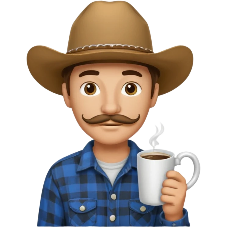 generate an ios genmoji of a 20 year old tan boy with a cowboy hat and horseshoe mustche. Wearing a flannel and carrying a coffee mug emoji