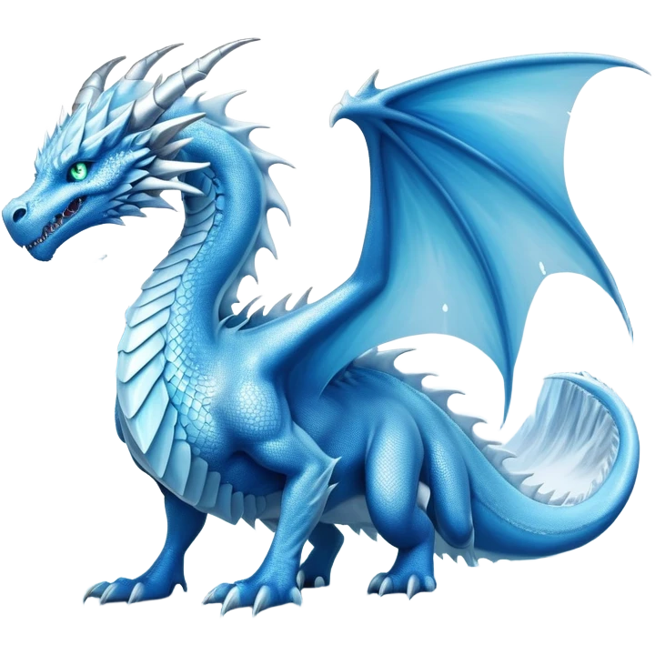 Cinematic Noble wise elegant Ice Dragon full body  Emoji, Poised and imposing, distinct long elegant snout, with a slender, scaled body shimmering in glacial hues of icy blue, frostbitten silver, and crystalline white, breathing out frost, with piercing, glowing ice blue white eyes that radiate the chilling depths of an arctic storm; rendered in detail. excuding wisdom emoji