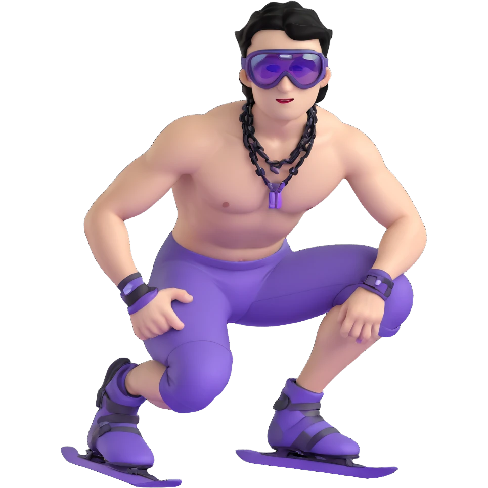 shirtless male athlete with white skin and moderately curly black hair on top with shaved sides, wearing purple ski goggles with black tinted lenses, and a simple plain black chain necklace, no earrings emoji