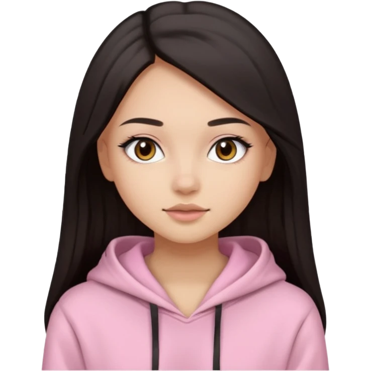 A pretty girl with light skin and long straight black brown hair, wearing a very light pink basic hoodie with brown eyes and makeup and a round face emoji