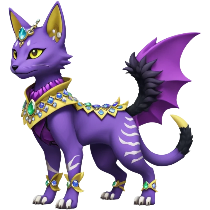 Kawaii cute Violet Yellow Black beautiful pretty elegant divine edgy feline-vernid-sergal-Fakémon-Pokémon-Digimon-fursona-animal-creature, full body, with intricate detailed markings, Embroidered capelet, Gem-studded horn ring emoji