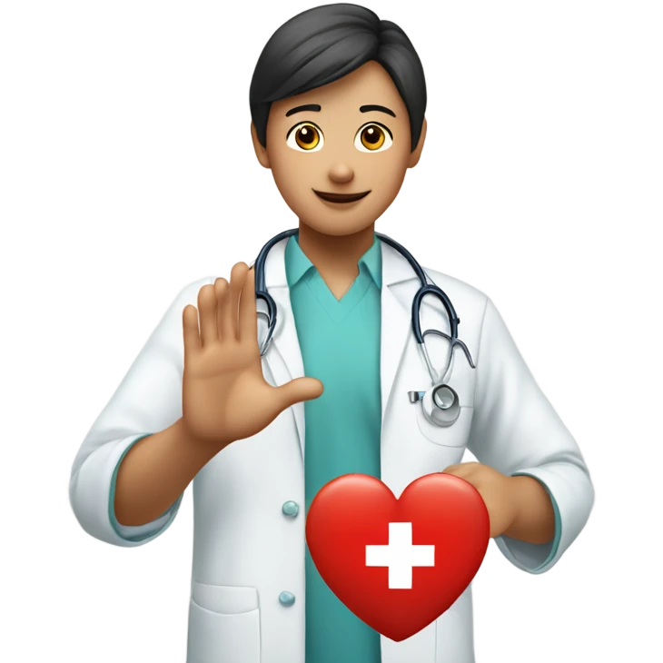 A Chinese girl make a heart hand sign to a doctor male  emoji