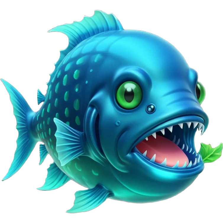 3D render of Anglerfish, bioluminescent deep sea style, glowing neon blue and green lights, dark background to contrast the glow, translucent organic textures, Apple emoji style, 3D render --v 6.0 emoji