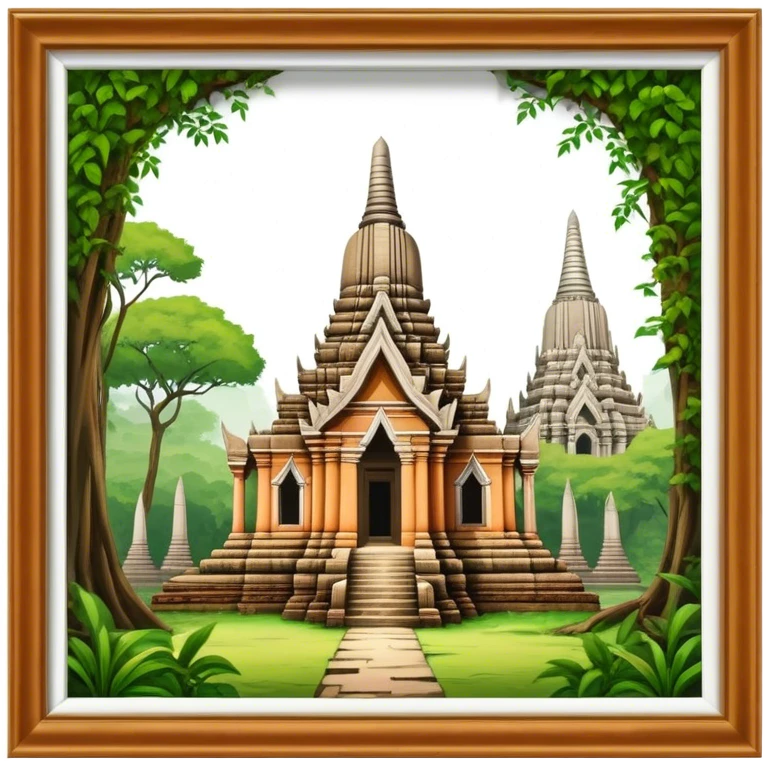 Cinematic Realistic Ayutthaya Ruins Landmark Emoji, depicted with ancient temple ruins amid lush greenery rendered with dramatic textures and nostalgic, warm lighting. emoji