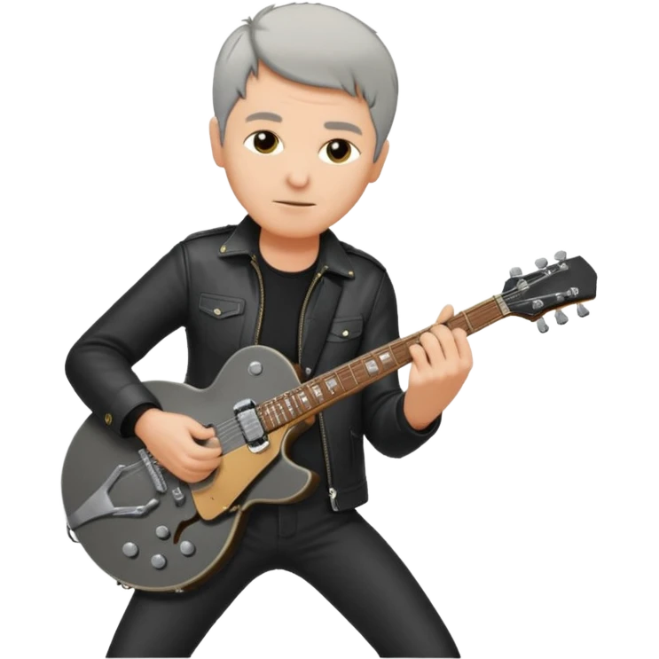 a short grey hair, middle age metal head with black leather, playing a classic epiphone eletric guitar emoji