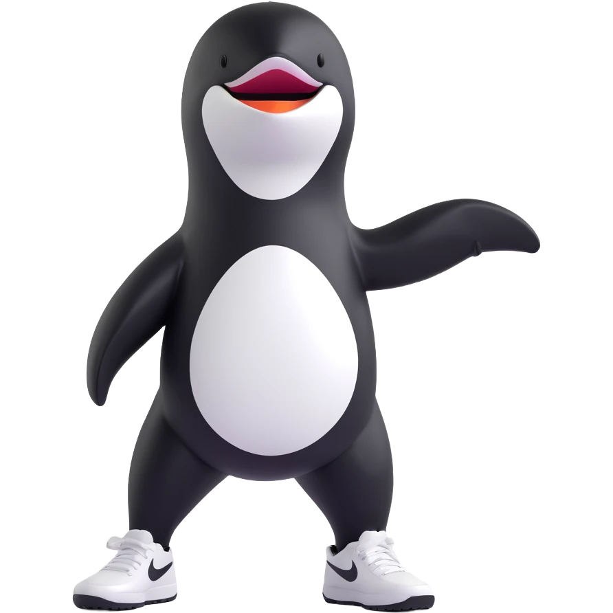 orca standing upright showing off black and white Nike sneakers, fun and bold pose emoji