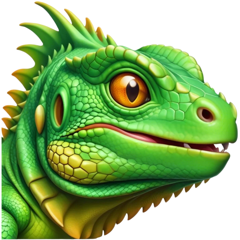 Cinematic Realistic Cute Iguana Portrait Emoji, Head tilted playfully and inquisitively, featuring a compact, agile build with a glossy, intricately scaled body in vivid green hues and a characteristically expressive face with bright, curious amber eyes, rendered in lifelike detail with natural highlights, high shine, affectionate and lively, styled with a touch of tropical whimsy, soft glowing outline, capturing the essence of a mischievous yet lovable iguana that seems poised to scurry out of the screen into your arms! emoji