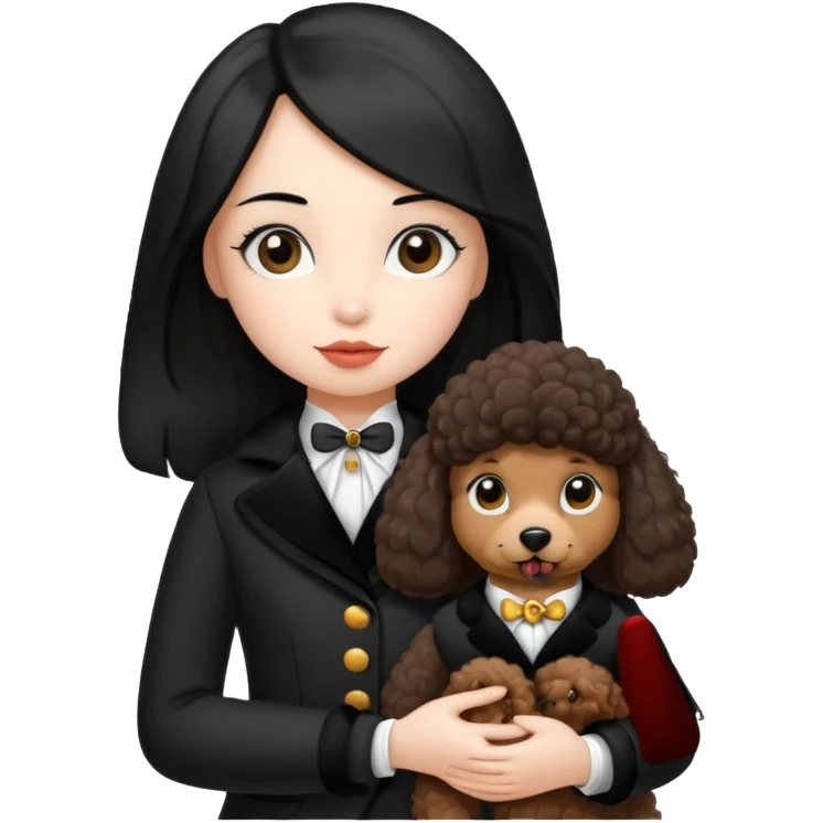 A girl who has long hair and looks like a penguin holds a brown poodle emoji