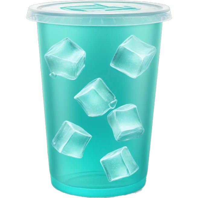 Realistic see through plastic cup and lid with Transluscent turquoise soda,straw and large ice cubes inside. emoji