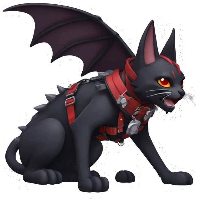 cool edgy black punk red ethereal fantasy nargacuga-bat-cat-Fakemon collar harness full body emoji