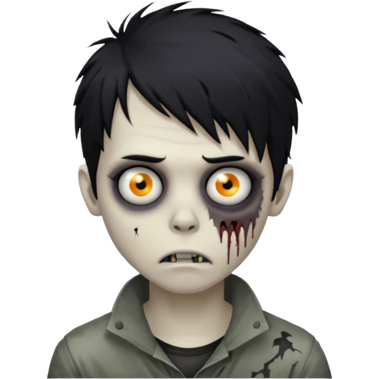 zombie boy with messy black hair, emo style, medium length, eerie and unsettling face emoji