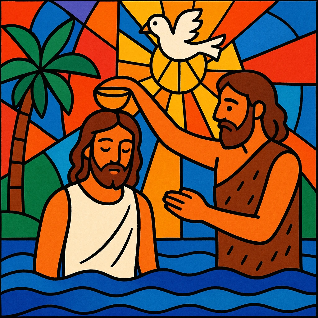 Christian baptism, stained glass effect, vibrant colors emoji