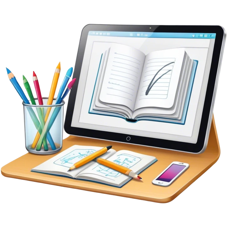Colourfull Illustration icon, pencil, paintbrush, gel pen, graphic tablet or monitor with digital illustration, open book with sketches, minimalistic style, clean lines, transparent background. emoji