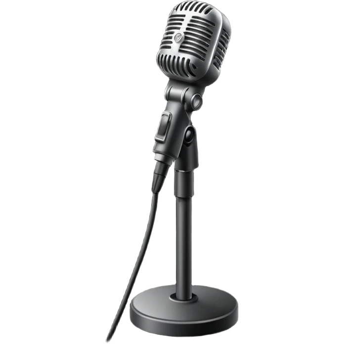 Minimalistic flat vector icon, iOS style, thin black contour on white background. Microphone on a stand with small spotlight rays. Clean, no text, no shadows emoji