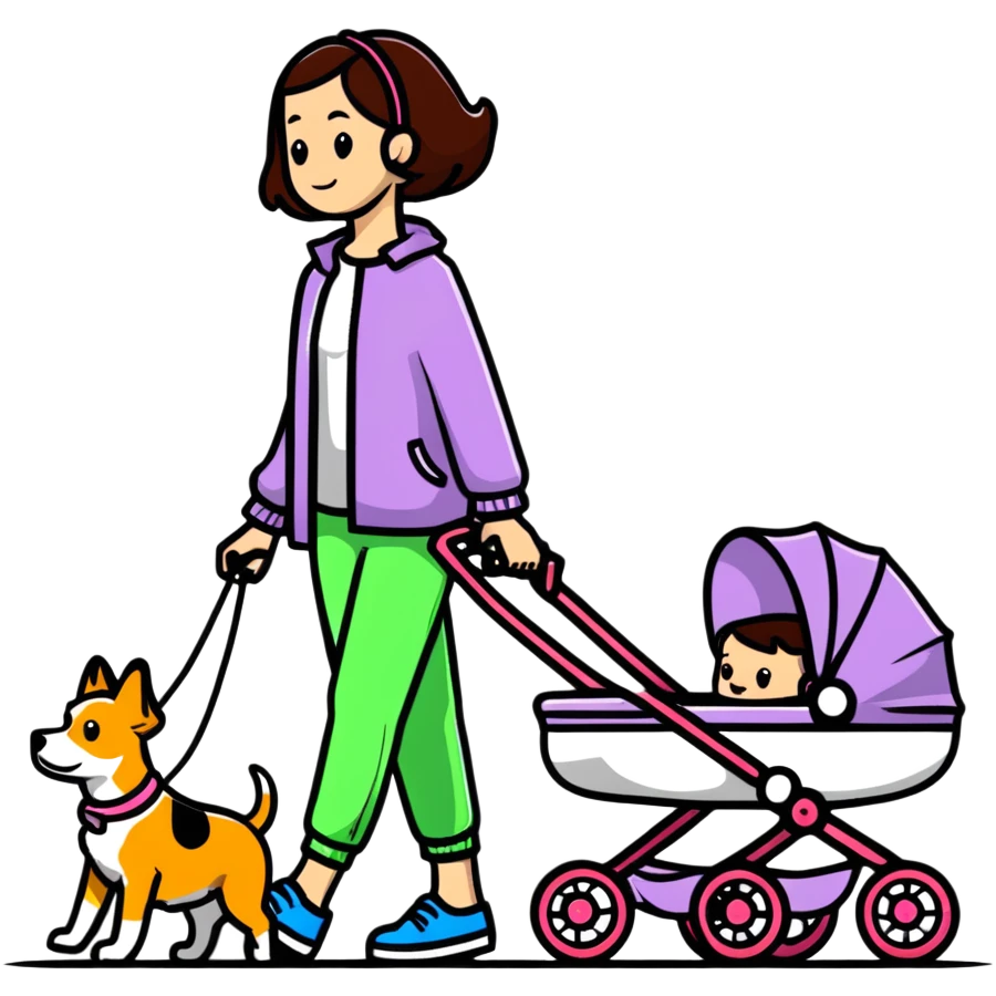 girl walking with a stroller and dog on a leash, bold lines emoji