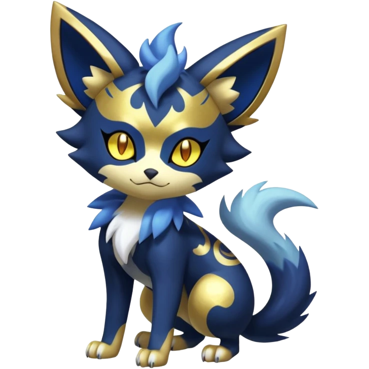 Shiny mExotic Badass Colorfulj Ethereal Royal Mysterious Gothic Meowstic-Zorua-Litten-Noibat-Pokémon-Fakémon-hybrid-creature (full body) with pattern-markings with golden eyes emoji