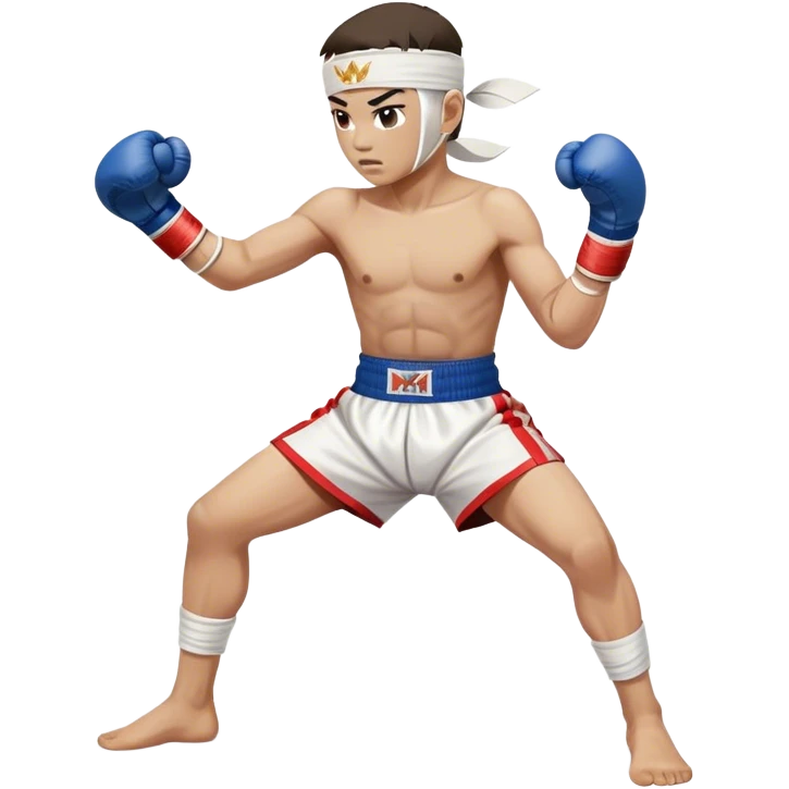 ​Cinematic Realistic Traditional Muay Thai Fighter such as Buakaw Banchamek, depicted in authentic attire featuring white bandaged gloves wrapped around his fists, a traditional headband tied neatly, and classic Muay Thai shorts, captured in a dynamic fighting stance under dramatic, high-energy lighting that highlights the raw power and elegance of the art, emoji
