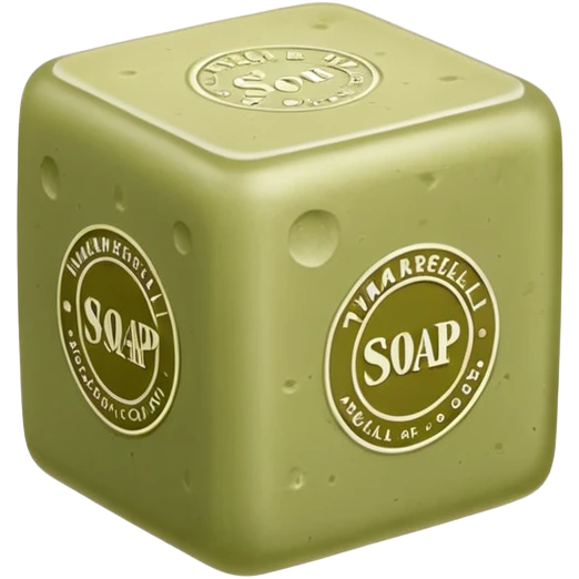 single cube of traditional Marseille soap, matte slightly rough surface, pale olive-green color, embossed classic markings on sides, natural imperfections like air bubbles and uneven edges, no packaging or extras, soft lighting, subtle shadows, emoji scale emoji