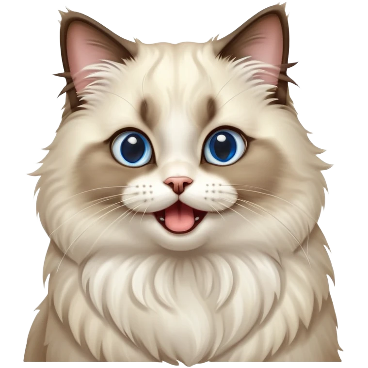 Cinematic-Adorable-Seal-Ragdoll-Cat-Portrait-Emoji – Big-eyed, fluffy Ragdoll cat with a playful head tilt and a cute yawn, soft brown-and-white fur with darker seal points on the ears and face, simplified yet irresistibly cute features, sparkling blue eyes full of mischief, highly detailed with a gentle glow. emoji