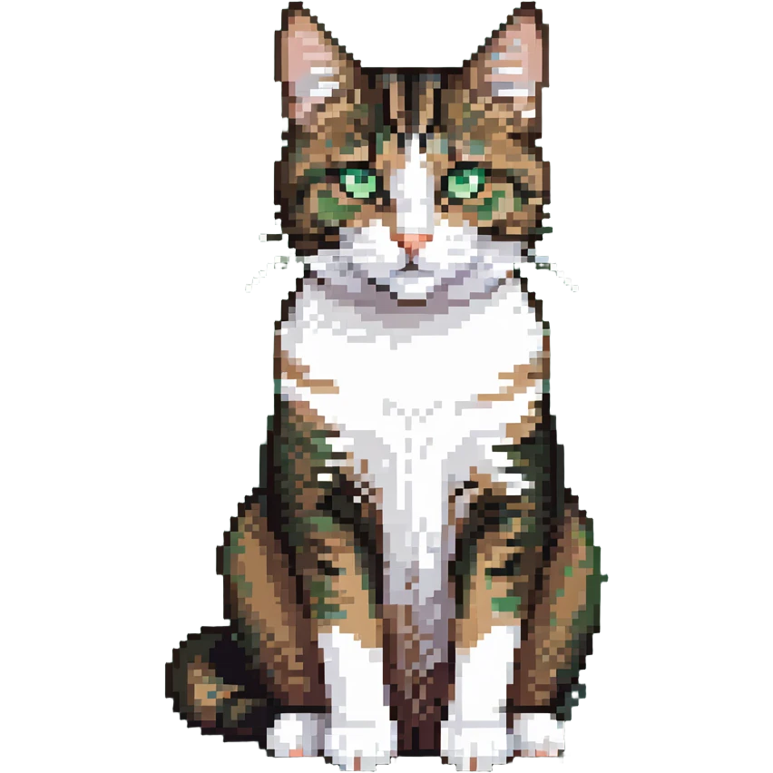 Brown, white, and black tabby cat with green eyes sitting to show its white belly, pixelated art emoji